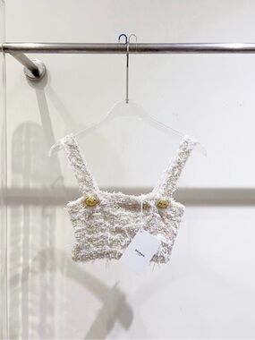 Balmain White Bouclé Crop Top with Gold Accents